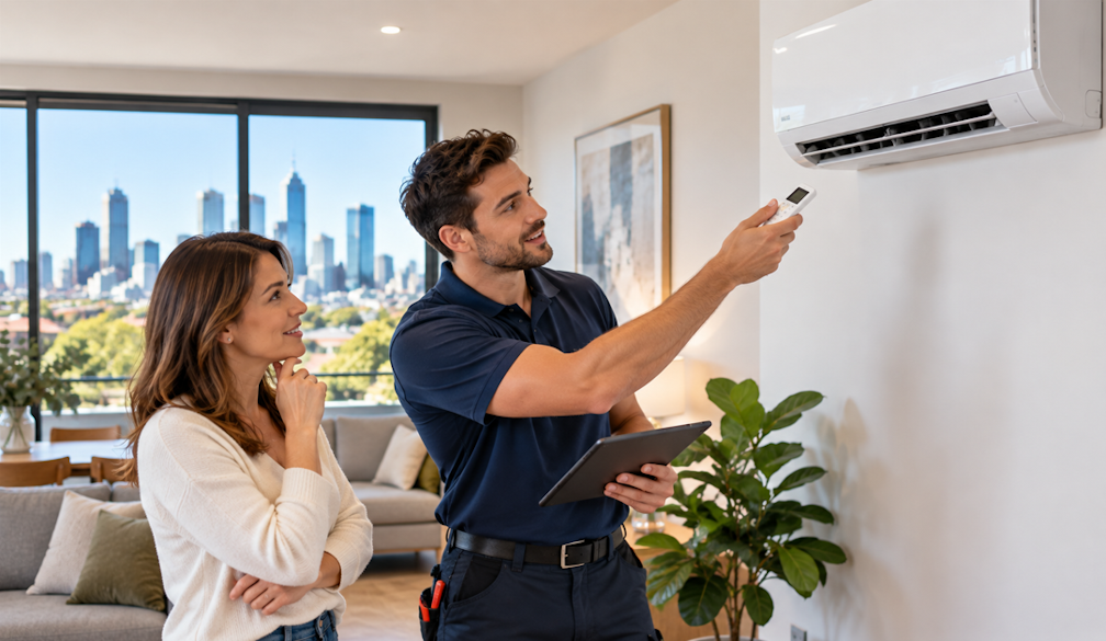 Technician Demonstrates Air Conditioner in Modern Home