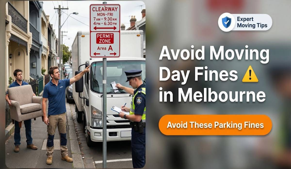 Parking inspector writing a ticket for a moving truck parked in a restricted Melbourne street.