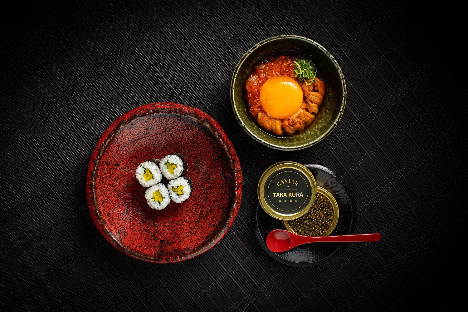 Takakura Sushi Roll with Sea Urchin, Chopped Bluefin Tuna Toro, Caviar, Salmon Roe and Japanese Egg Yolk