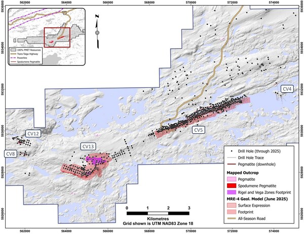 Figure 1: Location of the principal corridor at Shaakichiuwaanaan, which is host to the CV5 and CV13 LCT pegmatites.