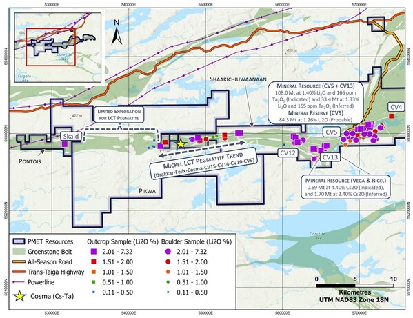 Figure 5: Compilation of surface sampling results between the Skald (Pontois) and CV4 (Shaakichiuwaanaan) LCT pegmatites.