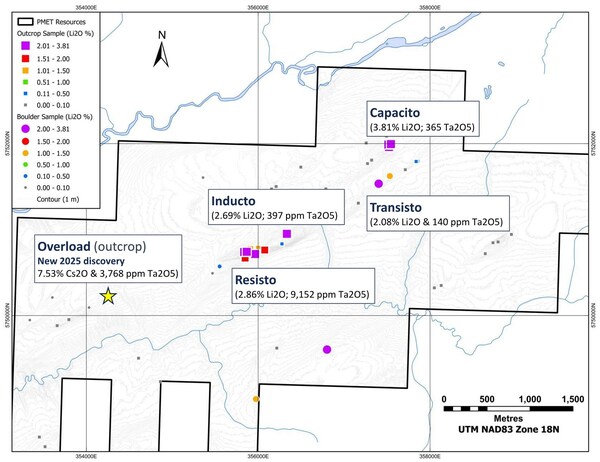 Figure 6: Summary of LCT pegmatite showings at the Pontax Property (Block C).
