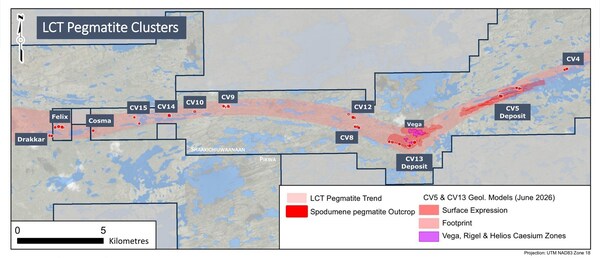 Figure 2: Mineralized LCT pegmatite outcrop occurrences Shaakichiuwaanaan and Pikwa.