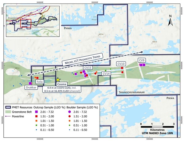 Figure 4: Compilation of surface sampling results along the Mickel LCT Pegmatite Trend (part of the greater CV Lithium Trend) at Shaakichiuwaanaan, now extending onto the adjacent Pikwa Property.
