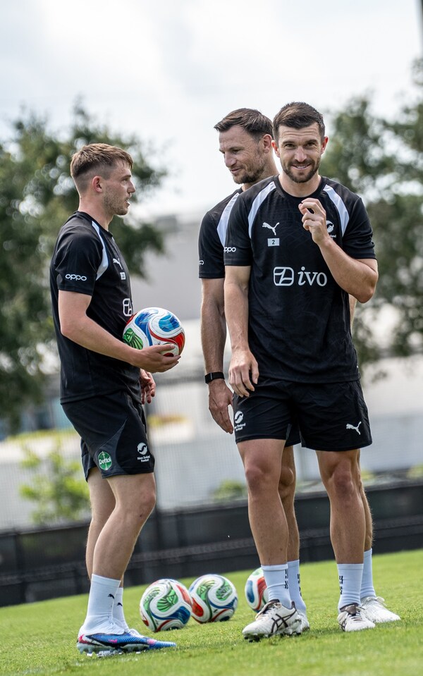 Members of the All Whites wearing training kit featuring Ivo branding following the announcement of a new partnership between Ivo and New Zealand Football.