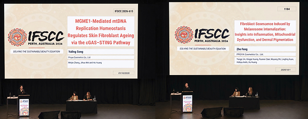 (left)Song Yaling delivered a podium presentation on mitochondrial anti-aging research at 2026 IFSCC Congress;(right)Feng Zhe delivered a podium presentation on mitochondria-related skin-whitening research at the 2026 IFSCC Congress (left)Song Yaling delivered a podium presentation on mitochondrial anti-aging research at 2026 IFSCC Congress;(right)Feng Zhe delivered a podium presentation on mitochondria-related skin-whitening research at the 2026 IFSCC Congress
