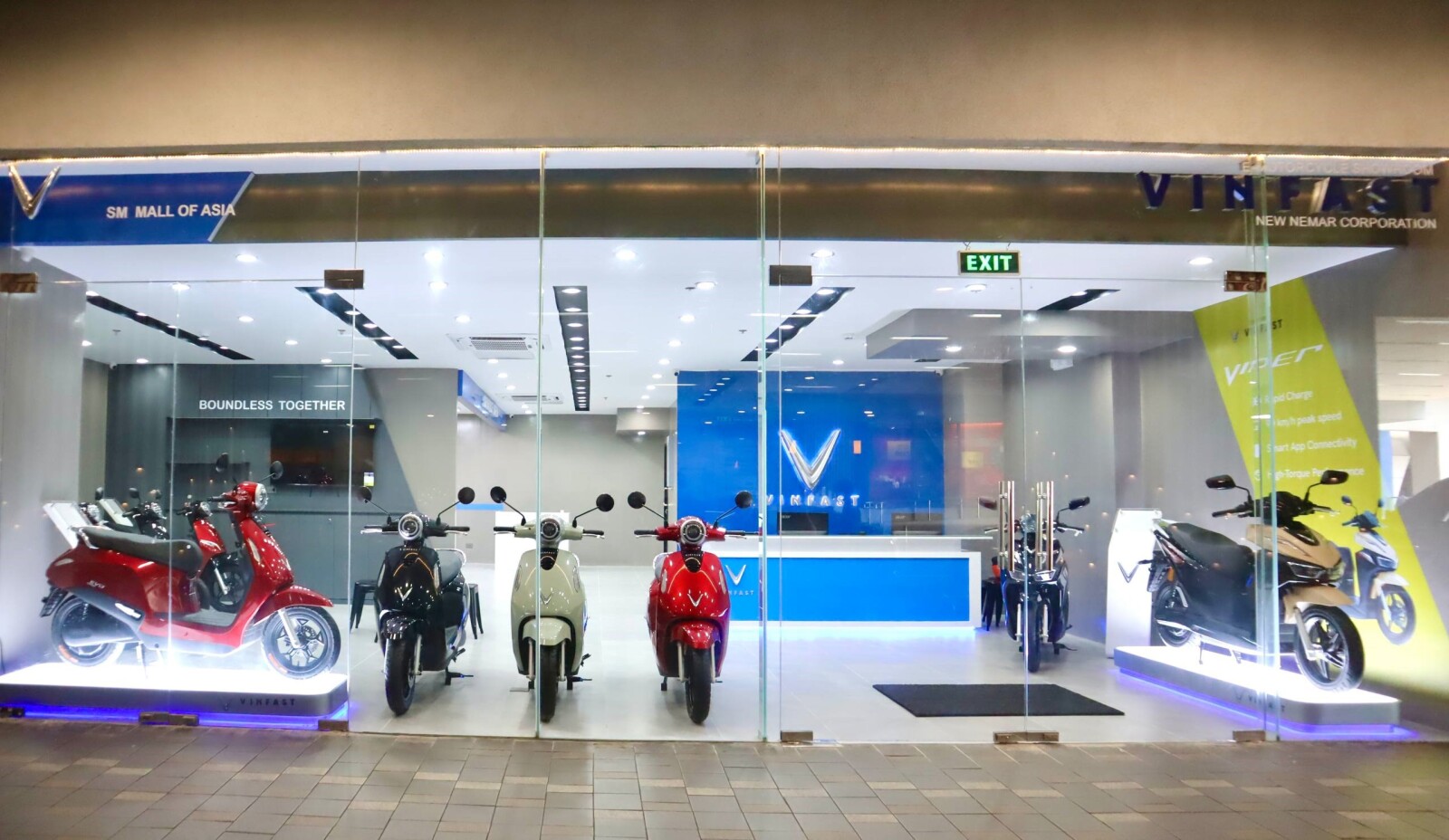 A VinFast e-motorcycle showroom at SM Mall of Asia in the Philippines, part of the company