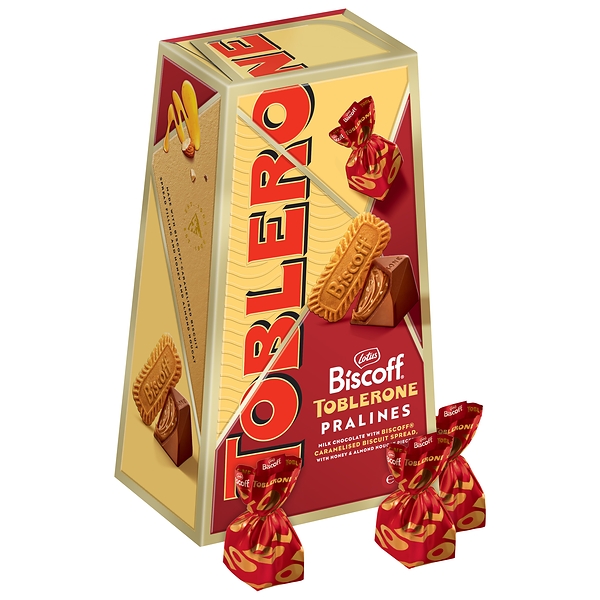 Toblerone Biscoff® Pralines are available in 176g and 44g formats.