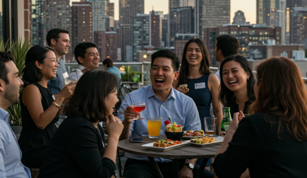 Group of coworkers laughing and enjoying drinks on a rooftop during a team building event with a city skyline in the background.